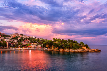Panoramic view of Ulcinj and Jadran peninsula at sunset, beautiful mediterranean town, popular...