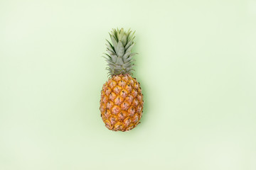Lonely Pineapple on Light Green Background Tasty Raw Pine apple Minimal Concept Top View Copy Space