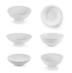 collection of ceramic white bowl on white background