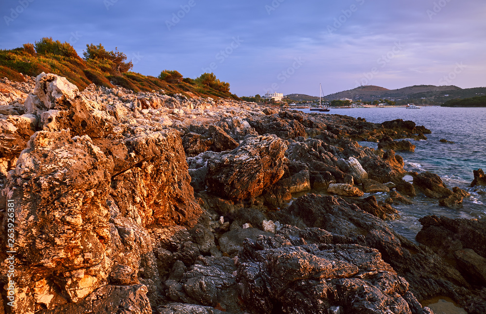 Sticker View of Ksamil during sunset. Albania.