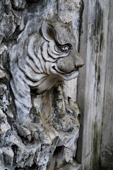 Fototapeta na wymiar Tigre en pierre sortant d'un mur