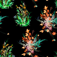 Watercolor vintage seamless pattern, floral pattern  wild grass, poppy, buds. Plants, flowers, grass in floral  background. Fashionable art illustration. Abstract splash of paint. Modern art
