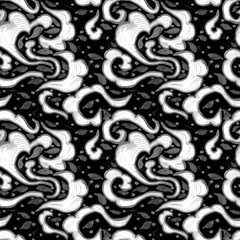 Vintage style ornaments with abstract white figures with dots drawn over a dark gray color