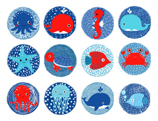 Sea animals vector icons in textured circles in blue and red colors for summer designs