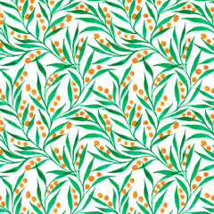 drawing with watercolor branches with green leaves and orange fruits on a light color