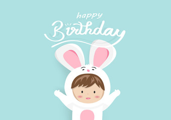 Happy Birthday, greeting card, adorable bunny kid mascot, cute cartoon using for children celebrate invitation vector background