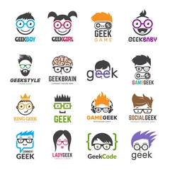 Fotobehang Geek logotypes. Identity for smart kids computer programmers educational vector design. Illustration of geek programmer, learning icon © ONYXprj