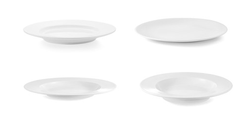 collection of ceramic white plate on white background