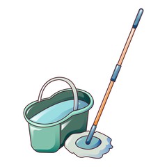 Water bucket mop icon. Cartoon of water bucket mop vector icon for web design isolated on white background