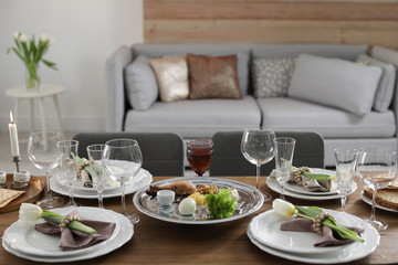 Festive Passover table setting at home. Pesach celebration
