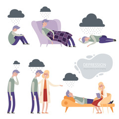 Depression. Alone unhappy frustrated vector character, lonely depressed sleep, psychologist therapy. Illustration of psychologist and man in depression