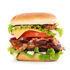 Tasty burger with bacon isolated on white