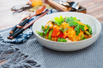 Tikka massala chicken basmati rice and crunchy vegetables