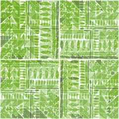 Hand drawn green tribal patchwork seamless vector pattern with transparent overlay effects.