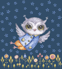 Cute childish watercolor owl, floral background