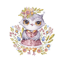 Pretty watercolor owl and flowers, childish style