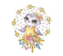 Cute watercolor owl in circle flower wreath
