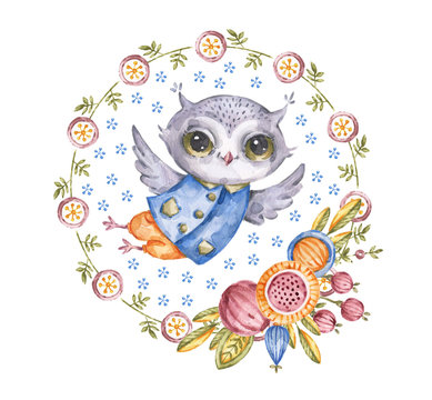 Cute watercolour owl in circle flower wreath