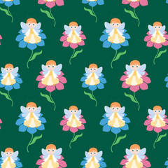 Seamless background of elves girls sitting on the flowers