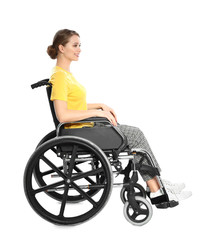 Portrait of beautiful woman in wheelchair isolated on white