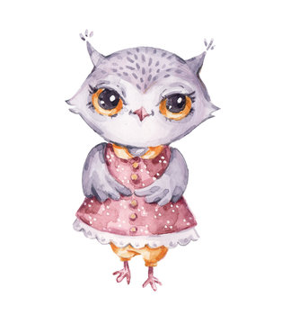 Cute watercolor female owl, childish style © UlitkaStudio