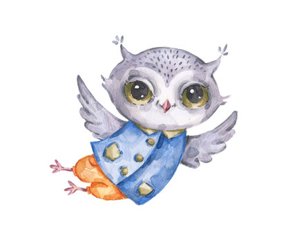 Cute watercolor flying male owl, fantasy character