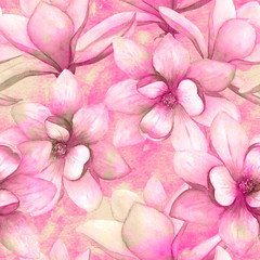 Fototapeta na wymiar Watercolor beautiful magnolia flowers seamless pattern background. Watercolour spring elegant botanical illustration
