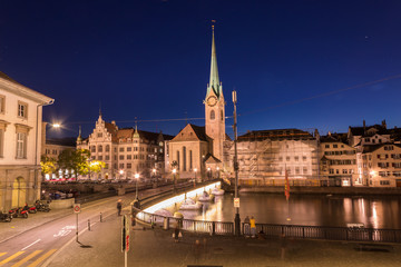 Fraumunster or the church of the lady with St peter in Zurich during twilight, landmark in Switzerland