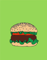 Color hamburger isolated on green background, fast food, vector illustration