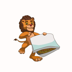 Good lion runs with a box of pizza, vector illustration