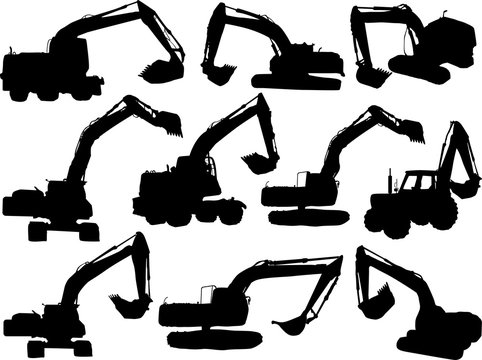 Ten Black Excavator Silhouettes Isolated On White