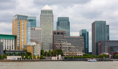Canary Wharf skyline, River Thames waterfront, London, England