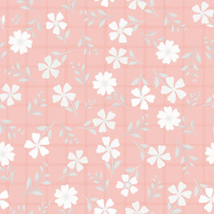 Beautiful hand drawn flowers and leaves in shades of white. Vector seamless pattern on pink watercolour grid background. Great for wellness, beauty, garden products, stationery, packaging, giftwrap