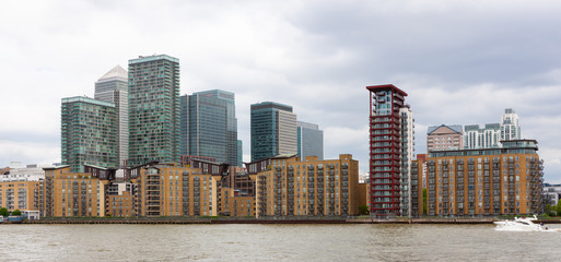 Canary Wharf skyline, River Thames waterfront, London, England