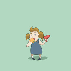 Girl eating a hamburger, holding a heart and thinking about something, vector illustration.