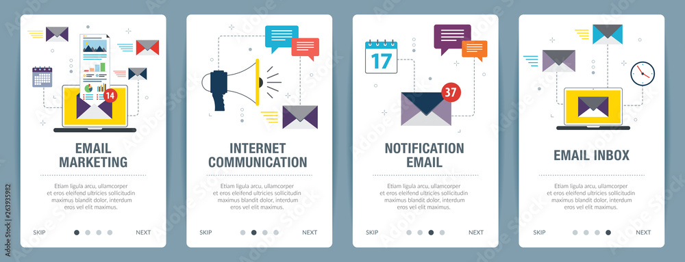 Poster vector set of vertical web banners with email marketing, internet communication, notification email 