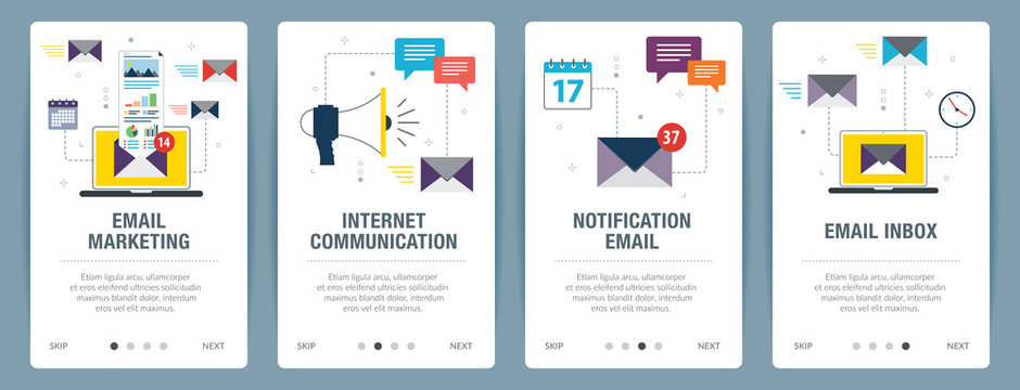 Vector set of vertical web banners with email marketing, internet communication, notification email and email inbox. Vector banner template for website and mobile app development with icon set.