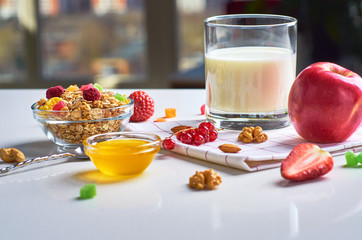 Healthy breakfast with muesli, milk, yogurt, fruit