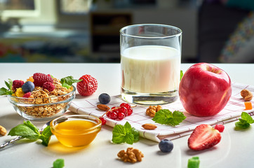 Healthy breakfast with muesli, milk, yogurt, fruit