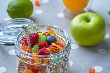 Healthy breakfast with muesli, milk, yogurt, fruit
