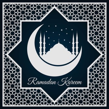 Ramadan Kareem greeting card or banner with Mosque silhouette on crescent moon and Arabic ornament, Islamic pattern. Vector illustration.