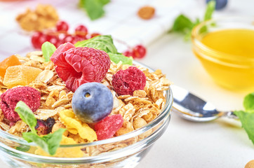 Healthy breakfast with muesli, milk, yogurt, fruit