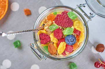 Healthy breakfast with muesli, milk, yogurt, fruit