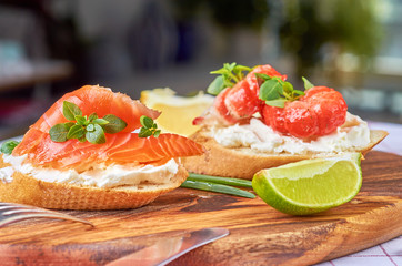 Delicious snacks with shrimp, fish and avocado