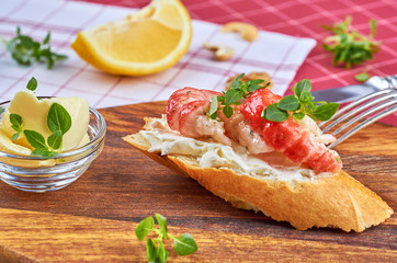 Delicious snacks with shrimp, fish and avocado