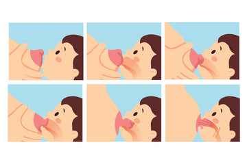 vector illustration steps by steps breastfeeding a baby, different position breast feeding baby, lactation baby milk - obrazy, fototapety, plakaty