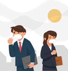 vector illustration man and woman worker wear mask because city pollution, dirty air in the city