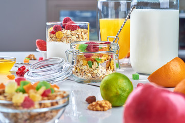 Healthy breakfast with muesli, milk, yogurt, fruit