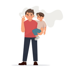 vector illustration bad father smoking cigarette while holding his kid, father is smoking in front of his son, unhealthy lifestyle and bad habit concept vector