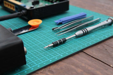 electronics repair equipment and tools on the table